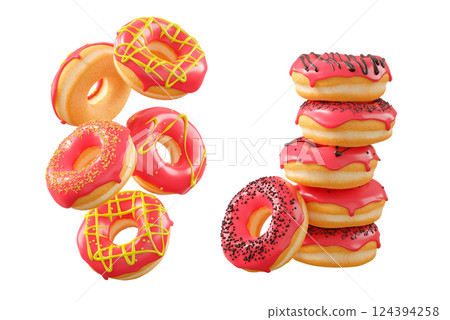 Donuts with red fruit glaze, sprinkles, white drizzle, and dots isolated on white transparent background Donuts with red fruit glaze, sprinkles, white drizzle, and dots isolated on white transparent background 124394258