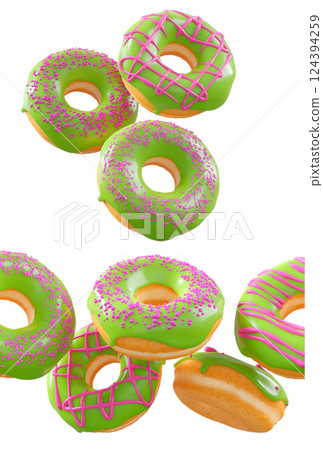 Donuts with green kiwi glaze, sprinkles, white drizzle, and dots isolated on white transparent background Donuts with green kiwi glaze, sprinkles, white drizzle, and dots isolated on white transparent background 124394259
