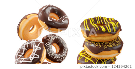 Donuts with chocolate glaze, sprinkles, white drizzle, and dots isolated on white transparent background 124394261