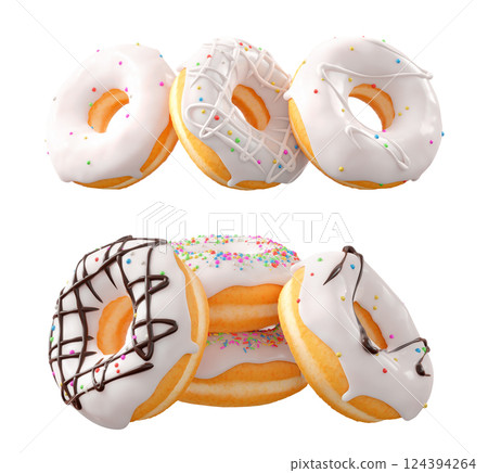 Donuts with white chocolate glaze, sprinkles, white drizzle, and dots isolated on white transparent background Donuts with white chocolate glaze, sprinkles, white drizzle, and dots isolated on white transparent background 124394264