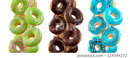 Assorted donuts with colorful icing, sprinkles, and chocolate isolated on white transparent background Assorted donuts with colorful icing, sprinkles, and chocolate isolated on white transparent background 124394272