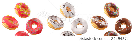 Assorted donuts with colorful icing, sprinkles, and chocolate isolated on white transparent background 124394273
