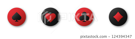 Hearts, clubs, diamonds and spades chips on an isolated white background. Set collection gambling sign symbol of playing card suits and chips for poker and casino. 124394347