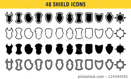 Shield icons set. Police badge. Collection of security shield icons with contours and linear signs. Security protection symbol signs. Vector illustration with different shields icon collection. 124394391