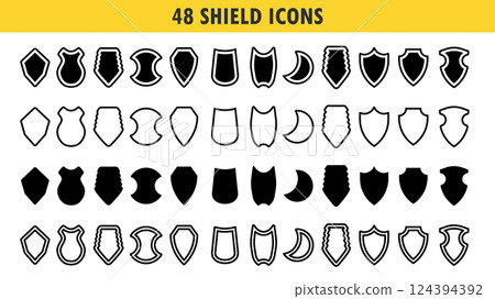 Shield icons set. Police badge. Collection of security shield icons with contours and linear signs. Security protection symbol signs. Vector illustration with different shields icon collection. Shield icons set. Police badge. Collection of security shield icons with contours and linear signs. Security protection symbol signs. Vector illustration with different shields icon collection. 124394392