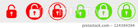 Padlock unlock lock icon set. Closed and opened sign. Vector clipart illustration on isolated background. 124394394