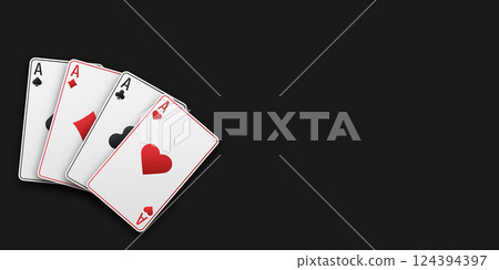 Hand fan of playing cards consisting of four white Ace of Spades, Diamonds, Clubs, Hearts. Vector illustration on a black table. Poker and casino concept. 124394397