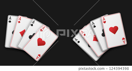 A two hand fan of playing cards consisting of four white Ace of Spades, Diamonds, Clubs, Hearts. Vector illustration on a black table. Poker and casino concept. 124394398