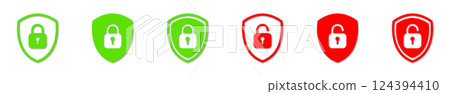 Set of red and green shield Lock and Unlock Icon. Symbol padlock. Protection concept. Vector Illustration. Set of red and green shield Lock and Unlock Icon. Symbol padlock. Protection concept. Vector Illustration. 124394410