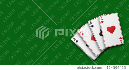 Casino concept. Hand fan of playing cards consisting of four white Ace of Spades, Diamonds, Clubs, Hearts. Vector illustration on a green table. 124394413