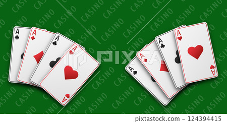 Aces with the suit of hearts, clubs, diamonds and spades. A two fan of hand playing cards. Vetor illustration. Casino concept. Black playing table. Aces with the suit of hearts, clubs, diamonds and spades. A two fan of hand playing cards. Vetor illustration. Casino concept. Black playing table. 124394415