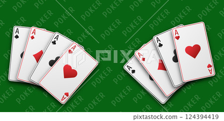 Aces with the suit of hearts, clubs, diamonds and spades. A two fan of hand playing cards. Vetor illustration. Poker concept. Black playing table. 124394419
