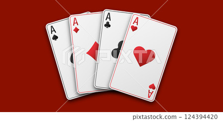 Fan of hand playing cards. Red playing table. Four aces with the suit of hearts, clubs, diamonds and spades. Vetor illustration. Poker or casino concept. Fan of hand playing cards. Red playing table. Four aces with the suit of hearts, clubs, diamonds and spades. Vetor illustration. Poker or casino concept. 124394420