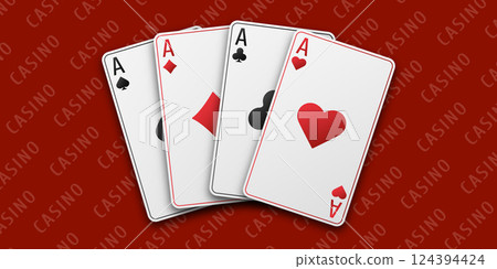 Casino concept. Fan of hand playing cards. Red playing table. Four aces with the suit of hearts, clubs, diamonds and spades. Vetor illustration. Casino concept. Fan of hand playing cards. Red playing table. Four aces with the suit of hearts, clubs, diamonds and spades. Vetor illustration. 124394424