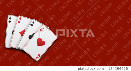 Fan of hand playing cards. Red playing table. Four aces with the suit of hearts, clubs, diamonds and spades. Vetor illustration. Casino concept. 124394426