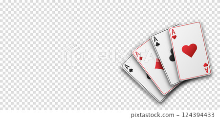 Fan of hand playing cards. Four aces with the suit of hearts, clubs, diamonds and spades. Vetor illustration. Poker or casino concept. Transparent background. Fan of hand playing cards. Four aces with the suit of hearts, clubs, diamonds and spades. Vetor illustration. Poker or casino concept. Transparent background. 124394433