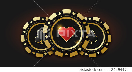 Gambling coin with suit hearts. Trio of playing chips or token. Realistic playing chip with the suit of hearts in the center, gambling tokens. Banner for web app or site. Concept poker or casino. Gambling coin with suit hearts. Trio of playing chips or token. Realistic playing chip with the suit of hearts in the center, gambling tokens. Banner for web app or site. Concept poker or casino. 124394473