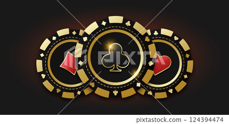 Trio of playing chips or token. Gambling coin with suit clubs. Realistic playing chip with the suit of clubs in the center, gambling tokens. Banner for web app or site. Concept poker or casino. 124394474