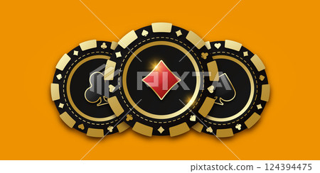 Realistic playing chip with the suit of diamond in the center, gambling tokens. Trio of playing chips or token. Concept poker or casino. Gambling coin with suit diamonds. Banner for web app or site. 124394475