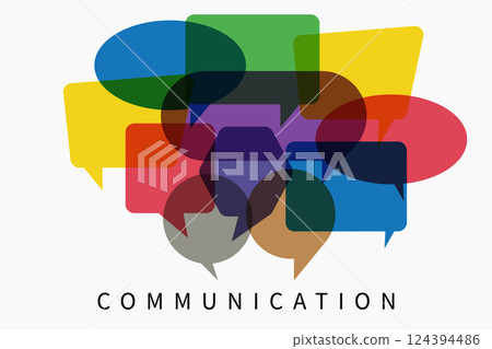 Communication. Word with colorful multi colored dialog speech bubbles. Flat illustration of communication concept on white isolated background. People with idea in business network. 124394486