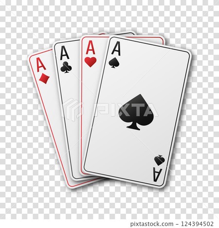 Hand fanned of playing cards. Ace of Spades, Diamonds, Clubs, Hearts. Vector illustration Casino or Poker of all the aces. 124394502