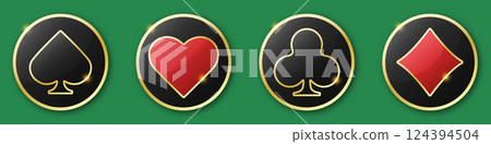 Hearts, diamonds, clubs and spades chips signs icons. Glossy playing card suit symbol with gold border. Vector illustration chips. Green background 124394504
