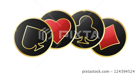 Glossy playing card suit symbol with gold border. Hearts, diamonds, clubs and spades chips signs icons. Vector illustration chips. White background Glossy playing card suit symbol with gold border. Hearts, diamonds, clubs and spades chips signs icons. Vector illustration chips. White background 124394524
