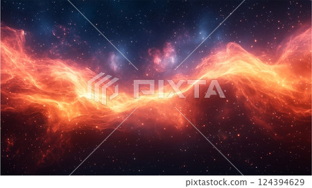 Stunning cosmic nebula with glowing fiery plasma waves in deep space filled with stars, galaxies, and interstellar dust clouds 124394629