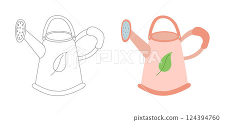 Simple eco watering can illustration with leaf emblem. Great for gardening blogs, plant care guides, and sustainable agriculture or home growing content Simple eco watering can illustration with leaf emblem. Great for gardening blogs, plant care guides, and sustainable agriculture or home growing content 124394760