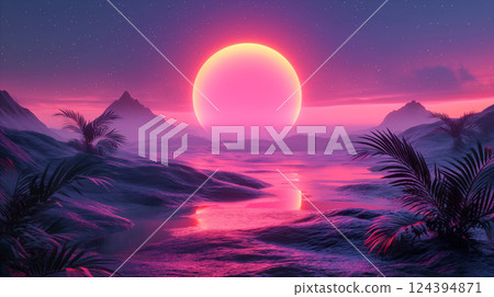 Vivid sunset over a tranquil landscape with mountains and palm trees. Generative AI 124394871