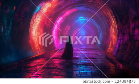 Mysterious figure stands in glowing cavern with red crystals and shimmering ice. Generative AI 124394875