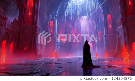 Mysterious figure stands in glowing cavern with red crystals and shimmering ice. Generative AI 124394876