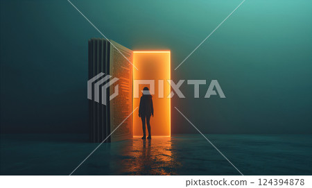 Journey of self discovery through doorway in minimalistic space, abstract background. Generative AI 124394878