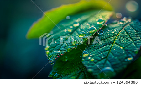 Close-up view of vibrant leaf with droplets during early morning light. Generative AI 124394880