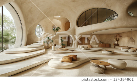 Modern organic interior design featuring soft curves in a spacious living area. Generative AI 124394901