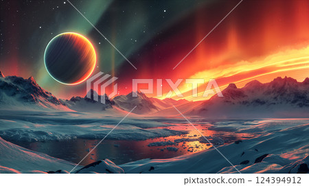 Majestic Saturn on Starry Sky Over Ice-Capped Mountains at Dusk. Generative AI 124394912