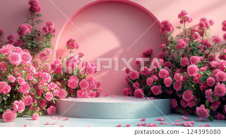 Beautiful arrangement of pink roses and flowers on a pastel background. Generative AI 124395080