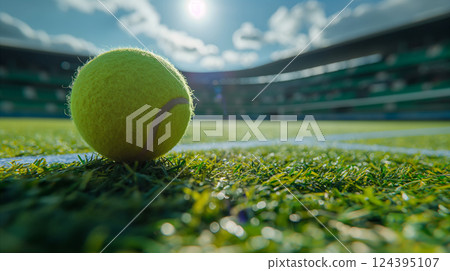 Close-up of tennis ball on grass at outdoor court during sunset, sport background. Generative AI 124395107