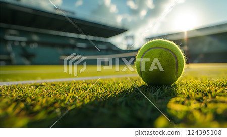 Close-up of tennis ball on grass at outdoor court during sunset, sport background. Generative AI 124395108