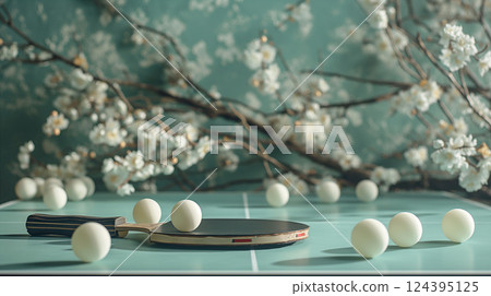 Table tennis paddle and balls arranged with beautiful cherry blossoms. Generative AI 124395125