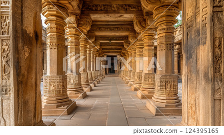 Ancient Egyptian temple interior with intricately carved columns and walls. Generative AI 124395165