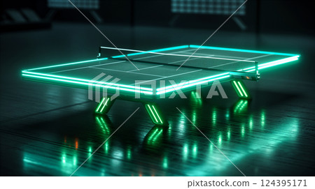 Green Ping Pong Table in Neon Lit Brick Room. Generative AI 124395171