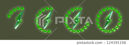 3d glass green wireless charging icon set on dark background. Lightning bolts with circle battery charge level indicator. Progress of mobile phone energy recharge from low to high. 3D illustration 3d glass green wireless charging icon set on dark background. Lightning bolts with circle battery charge level indicator. Progress of mobile phone energy recharge from low to high. 3D illustration 124395198