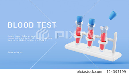 3d blood test banner. Medical lab glass tubes with red liquid samples in rack on blue background. Laboratory diagnosis and analysis, medicine research, health care render concept. 3D illustration 124395199