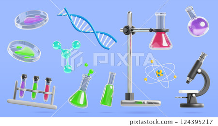 3d set of science icons and chemical laboratory equipment. Render lab microscope, glass flasks with color liquid, test tube rack, holder beaker, dna, water molecule, atom structure. 3D illustration 3d set of science icons and chemical laboratory equipment. Render lab microscope, glass flasks with color liquid, test tube rack, holder beaker, dna, water molecule, atom structure. 3D illustration 124395217