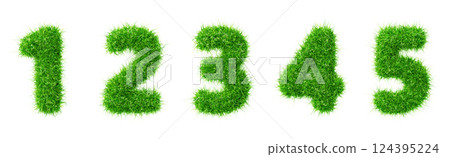 3d green grass font, fluffy numbers from 1 to 5. Fresh summer or spring plant digits, moss numeral icons. Natural eco organic balloons, lawn type effect with fuzzy herb texture render. 3D illustration 3d green grass font, fluffy numbers from 1 to 5. Fresh summer or spring plant digits, moss numeral icons. Natural eco organic balloons, lawn type effect with fuzzy herb texture render. 3D illustration 124395224