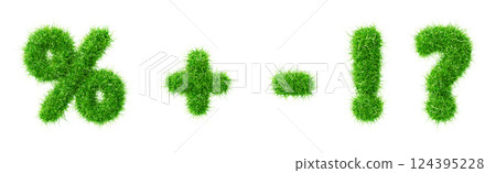 3d green grass font symbols set. Fresh plant moss percent sign, question mark, exclamation point, plus and minus with soft fluffy herb texture, sale discount, isolated design elements. 3D illustration 124395228
