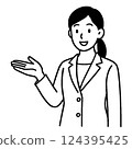 Black and white illustration of a woman in a suit giving directions with a smile 124395425