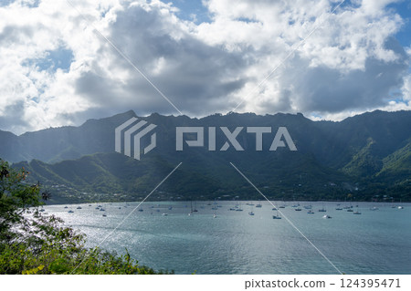 Taiohae Bay and town with anchored sailboats in Nuku Hiva, Marquesas Islands, French Polynesia Taiohae Bay and town with anchored sailboats in Nuku Hiva, Marquesas Islands, French Polynesia 124395471