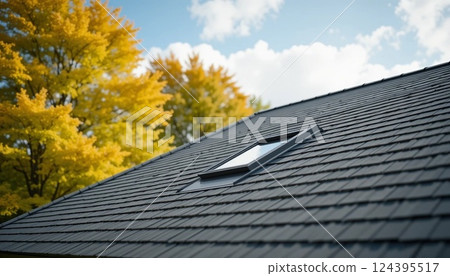 Newly Renovated Roof with Asphalt Shingles and Skylight | Modern Roofing Design. 124395517